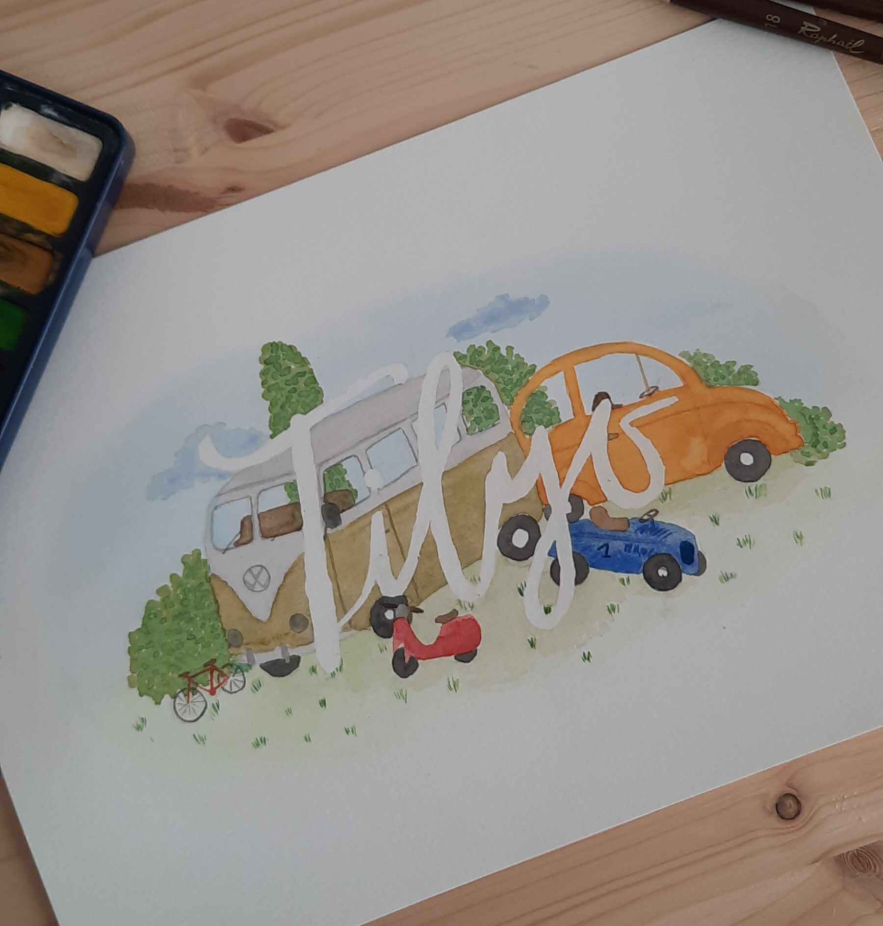 Affiche prénom personnalisée sur le thème des véhicules vintage, illustré à l'aquarelle. Idée de cadeau de naissance unique et originale