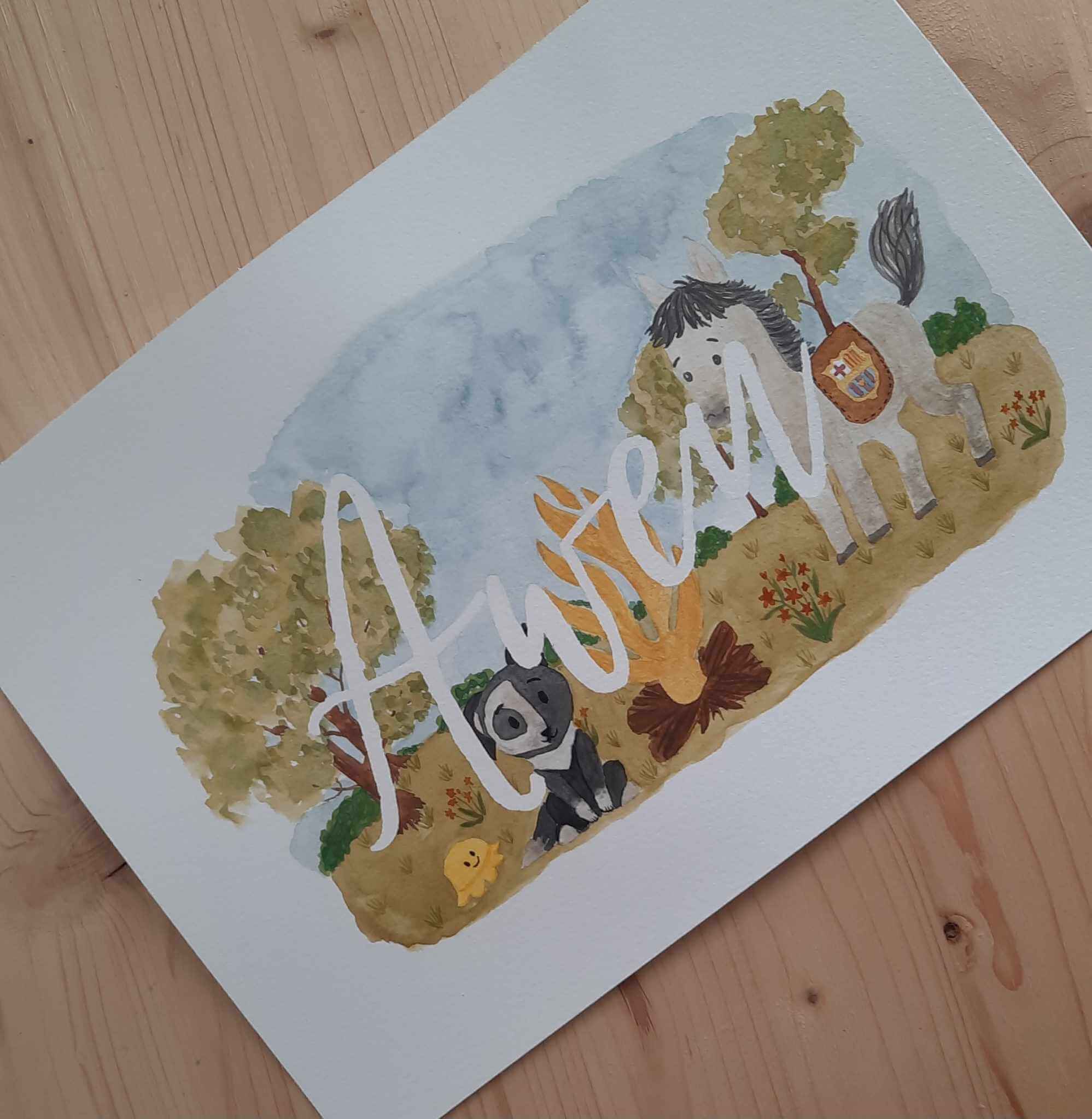 Affiche prénom personnalisée avec un décor naturel, un chien et un cheval, illustré à l'aquarelle. Idée de cadeau de naissance unique et original