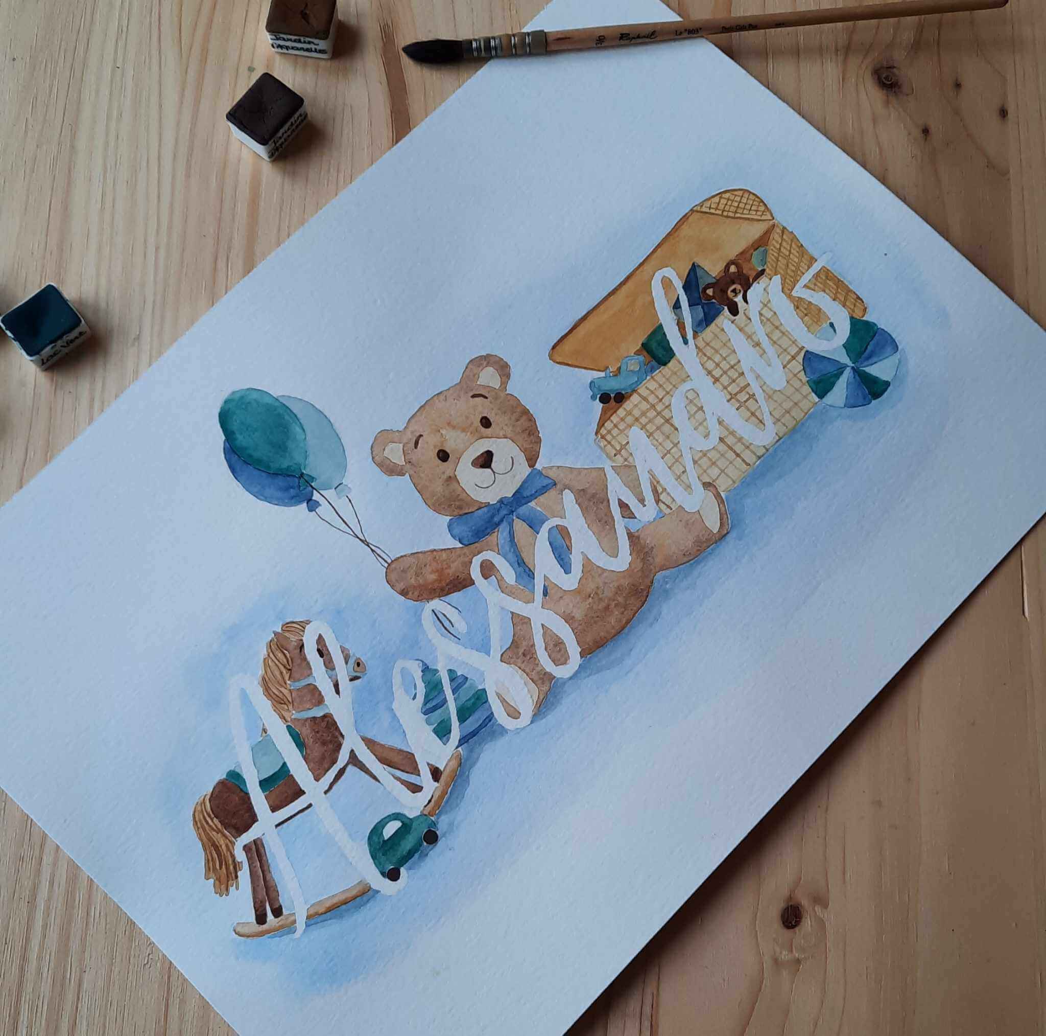 Affiche prénom personnalisée pour un petit garçon. Thème ourson et jeux d'enfant illustrée à l'aquarelle. Idée de cadeau de naissance unique et originale