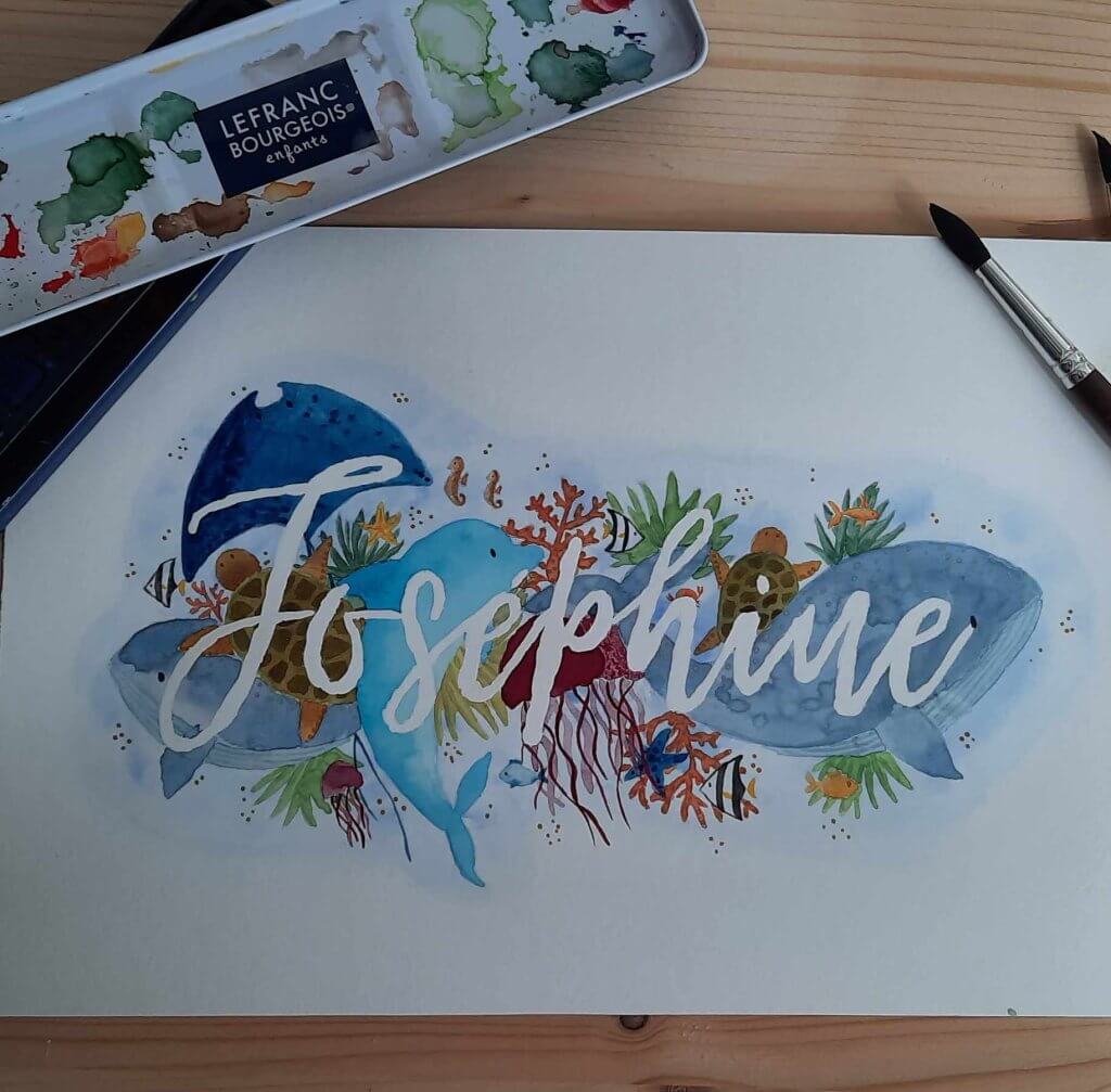 Affiche prénom illustrée à l'aquarelle sur le thème des fonds marins avec le prénom Joséphine. Cadeau de naissance unique et original