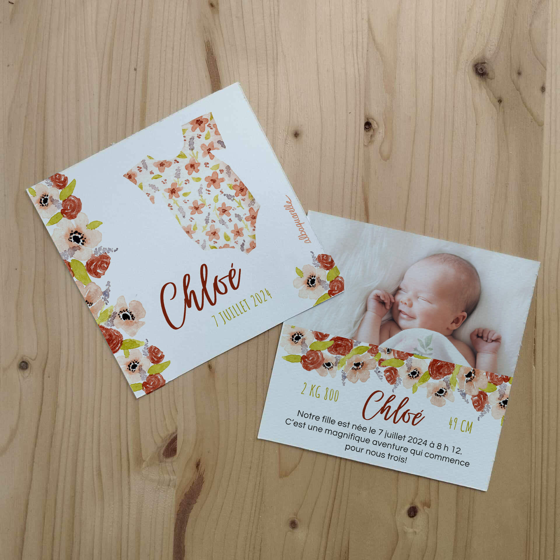 Faire part pour la naissance d'une petite fille illustré à l'aquarelle avec un body fleurie et des fleurs dans les tons roses