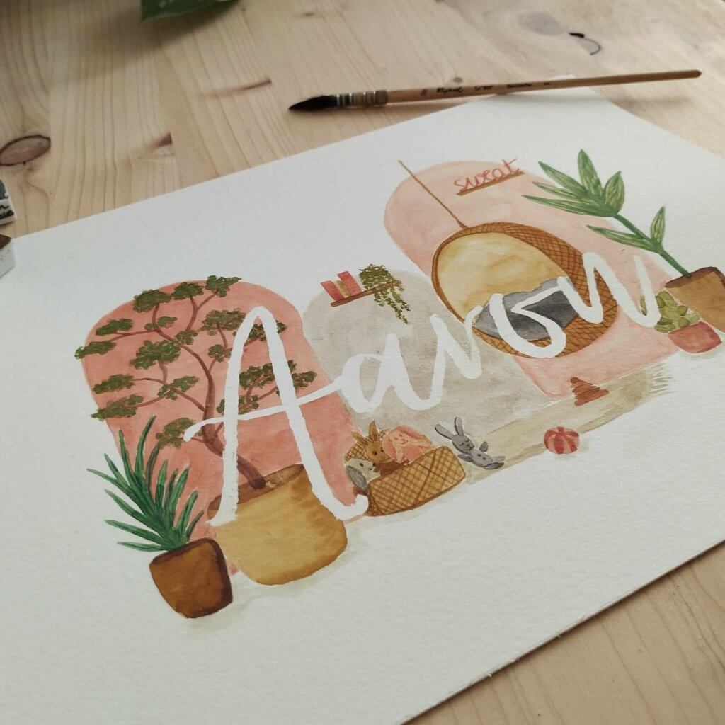 Affiche prénom décorative personnalisée dans les ton terracotta. Ambiance cosy et végétale illustrée à l'aquarelle. Idée de cadeau de naissance unique et originale