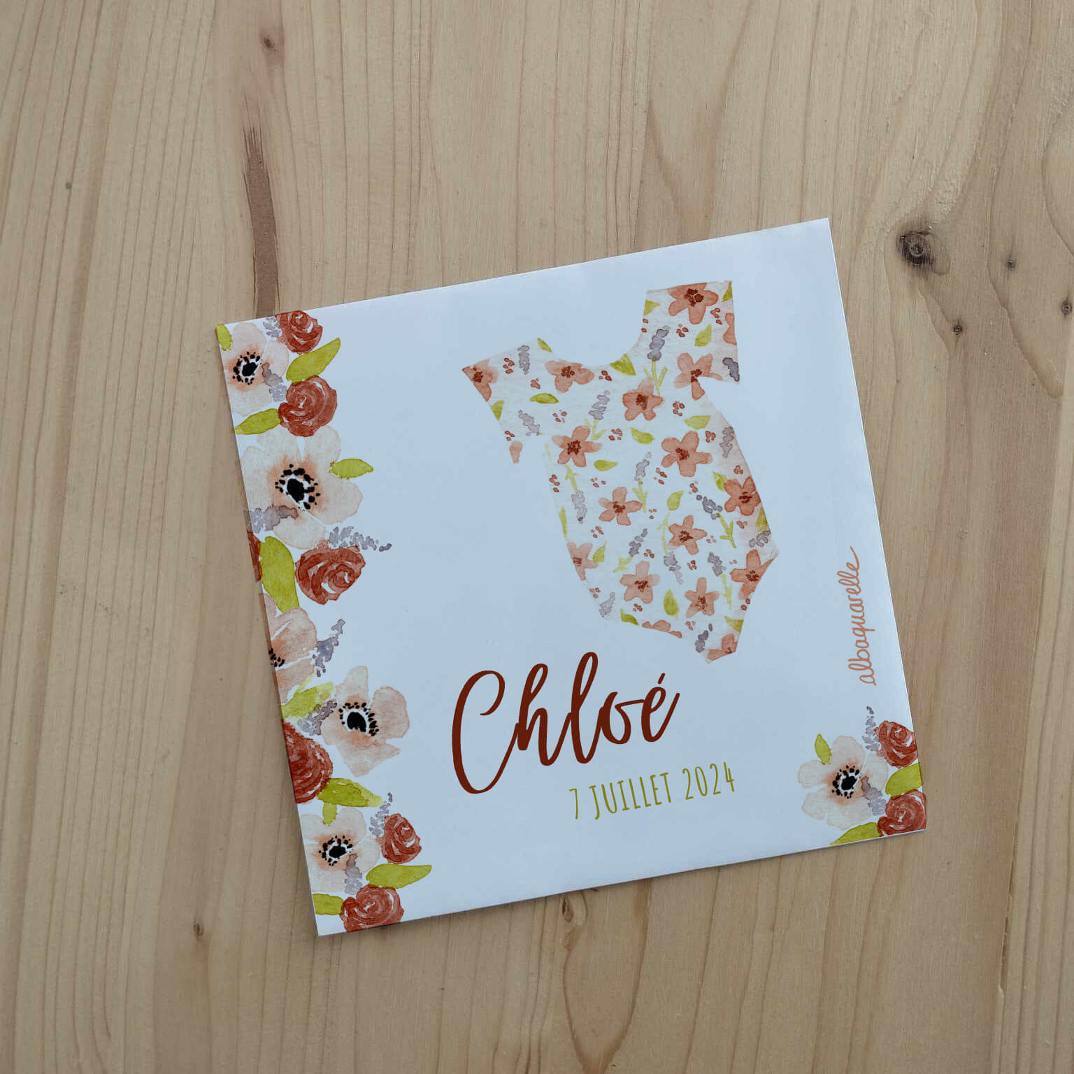 Faire part de naissance illustré à l'aquarelle pour une petite fille dans les tons roses