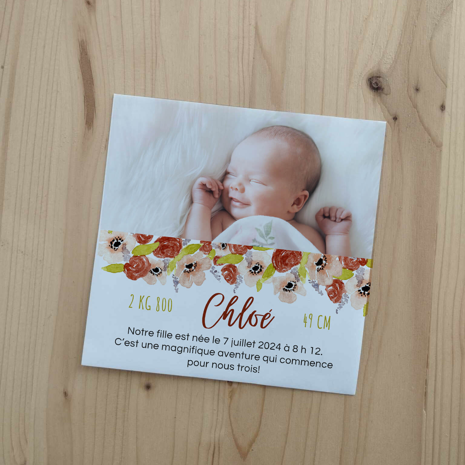 Faire part de naissance illustré à l'aquarelle pour une petite fille dans les tons roses