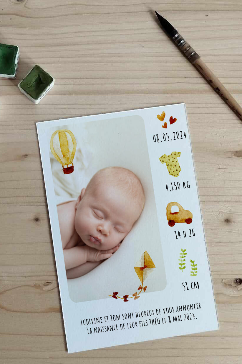 Faire part de naissance original illustré à l'aquarelle