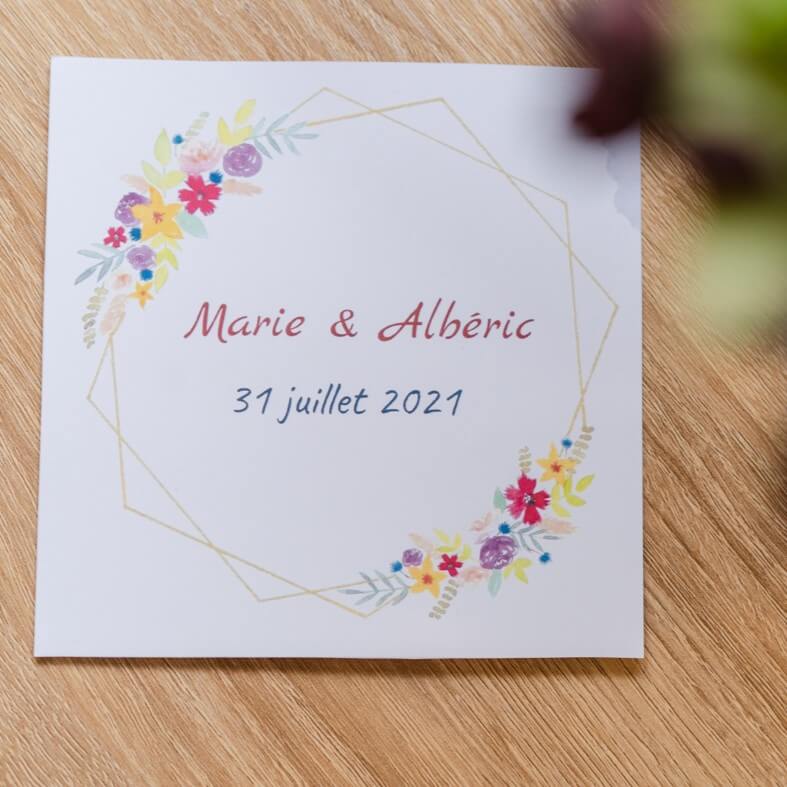 Faire part de mariage coloré et fleuri pour un mariage champêtre et original