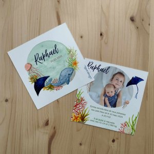 Faire part de naissance sous l'océan avec illustrations de baleine, raie, algues et coraux