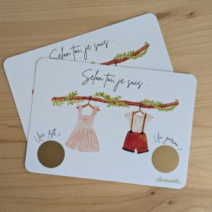 cartes à gratter illustrées à l'aquarelle pour annoncer le sexe de bébé, parfaites pour une baby shower