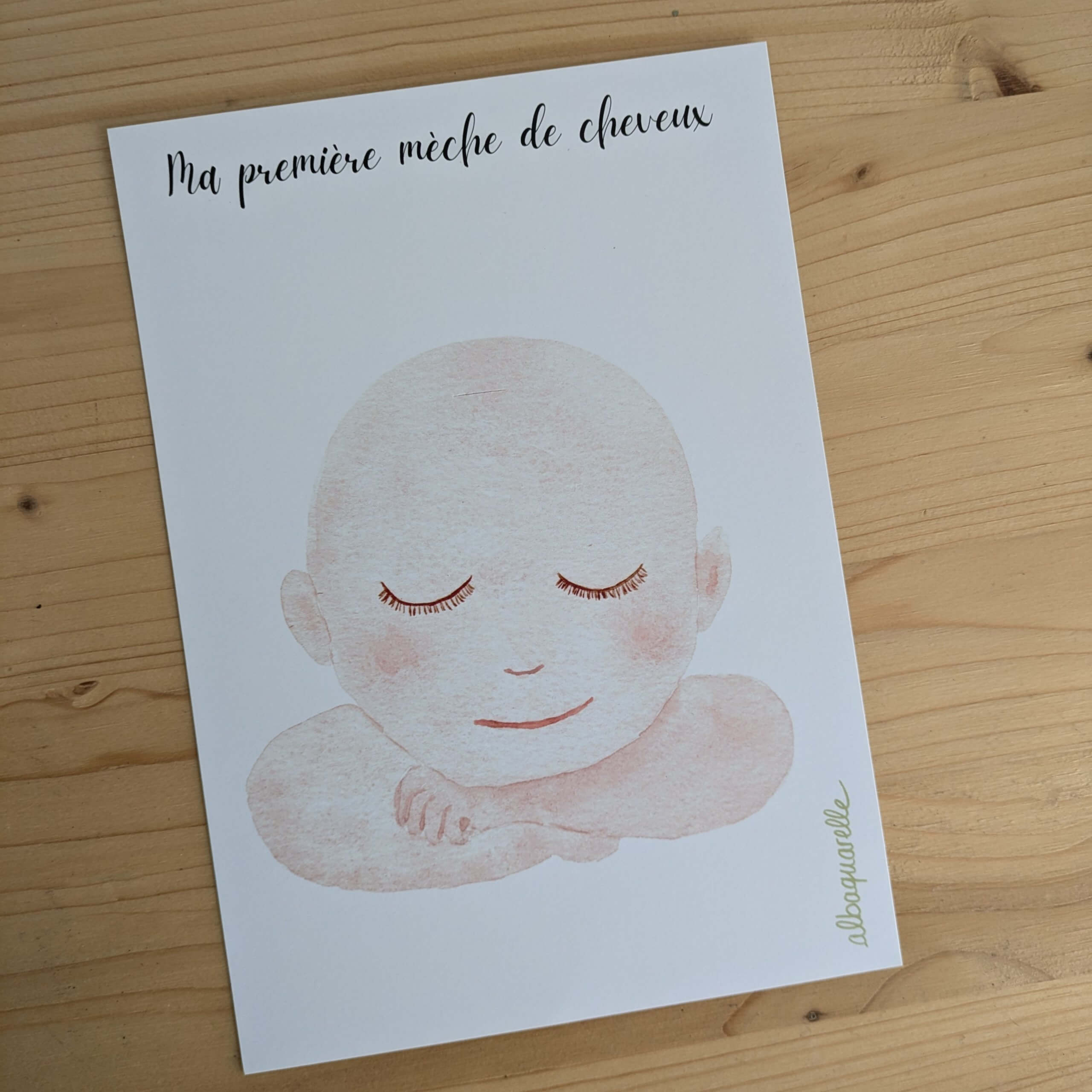 affiche illustrée à l'aquarelle pour garder précieusement la première mèche de cheveux de bébé, modèle garçon