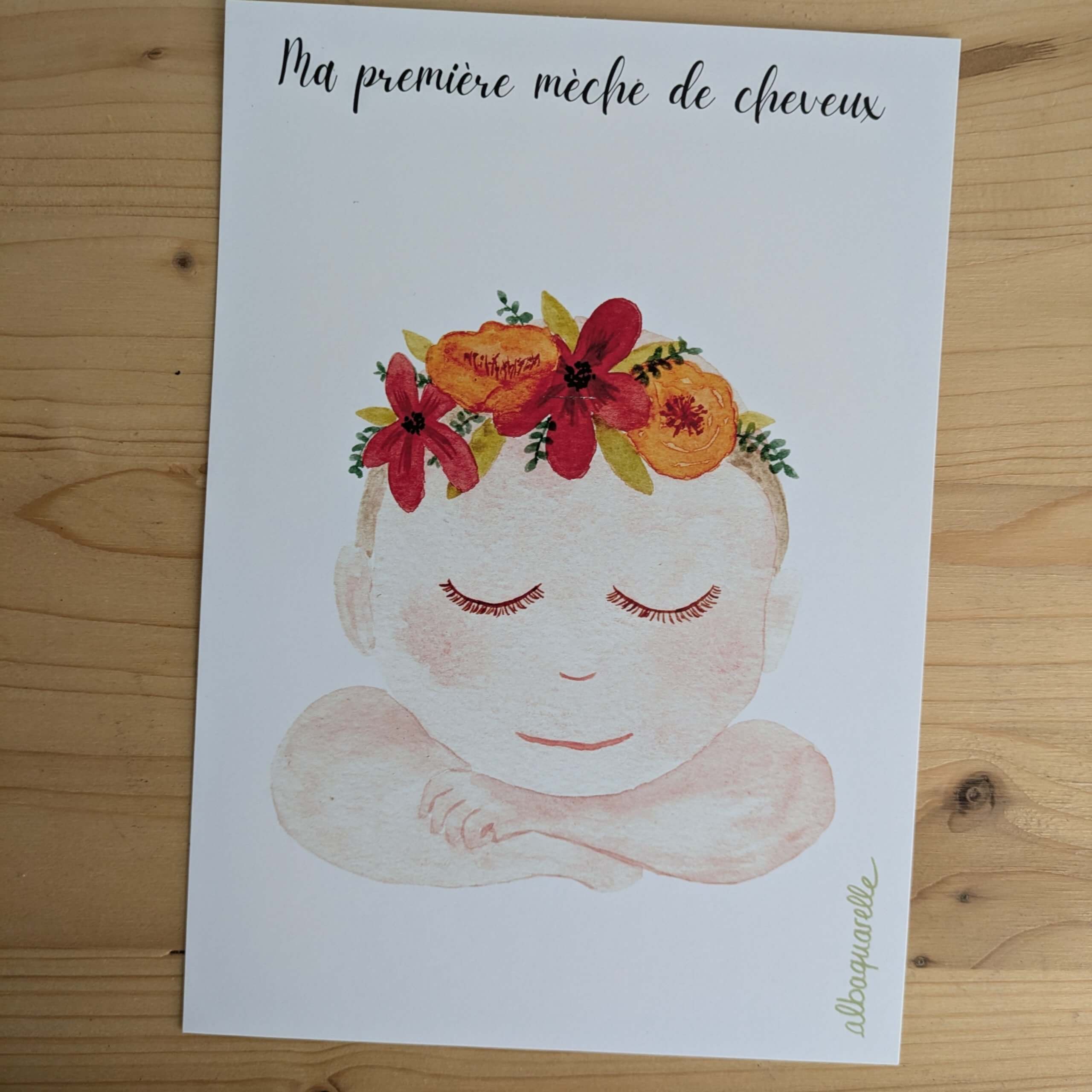 affiche illustrée à l'aquarelle pour garder précieusement la première mèche de cheveux de bébé, modèle fille
