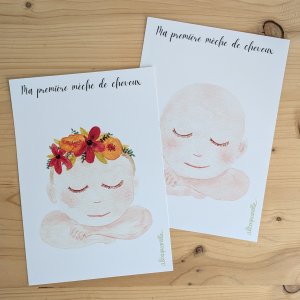 affiche illustrée à l'aquarelle pour garder précieusement la première mèche de cheveux de bébé