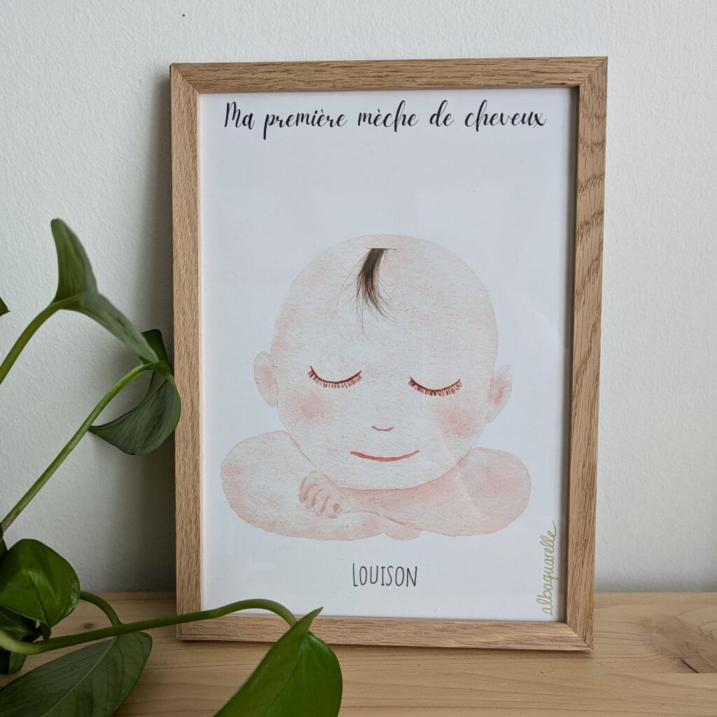 affiche illustrée à l'aquarelle pour garder précieusement la première mèche de cheveux de bébé, modèle garçon, mise dans un cadre pour donner une idée de présentation