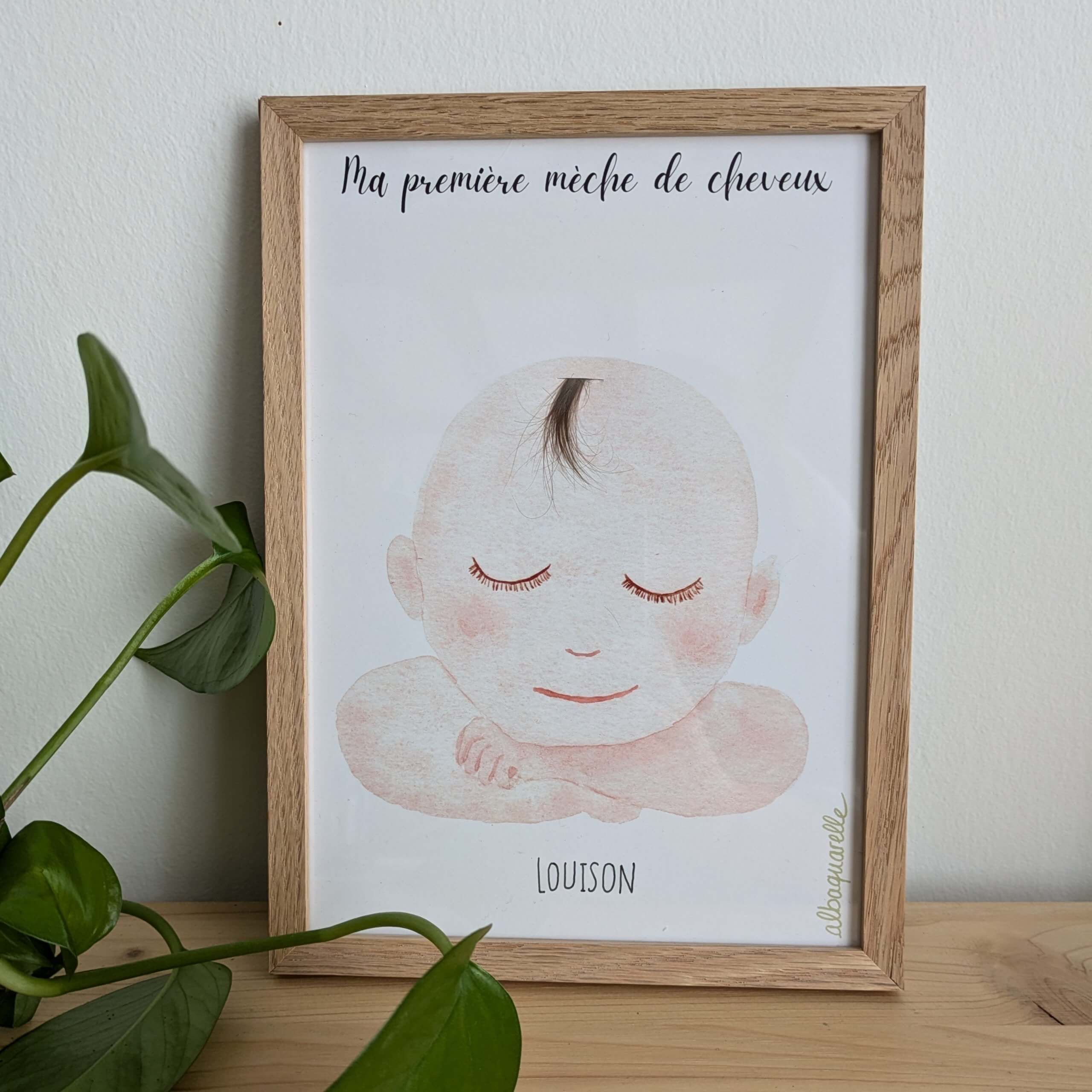 affiche illustrée à l'aquarelle pour garder précieusement la première mèche de cheveux de bébé, modèle garçon, mise dans un cadre pour donner une idée de présentation