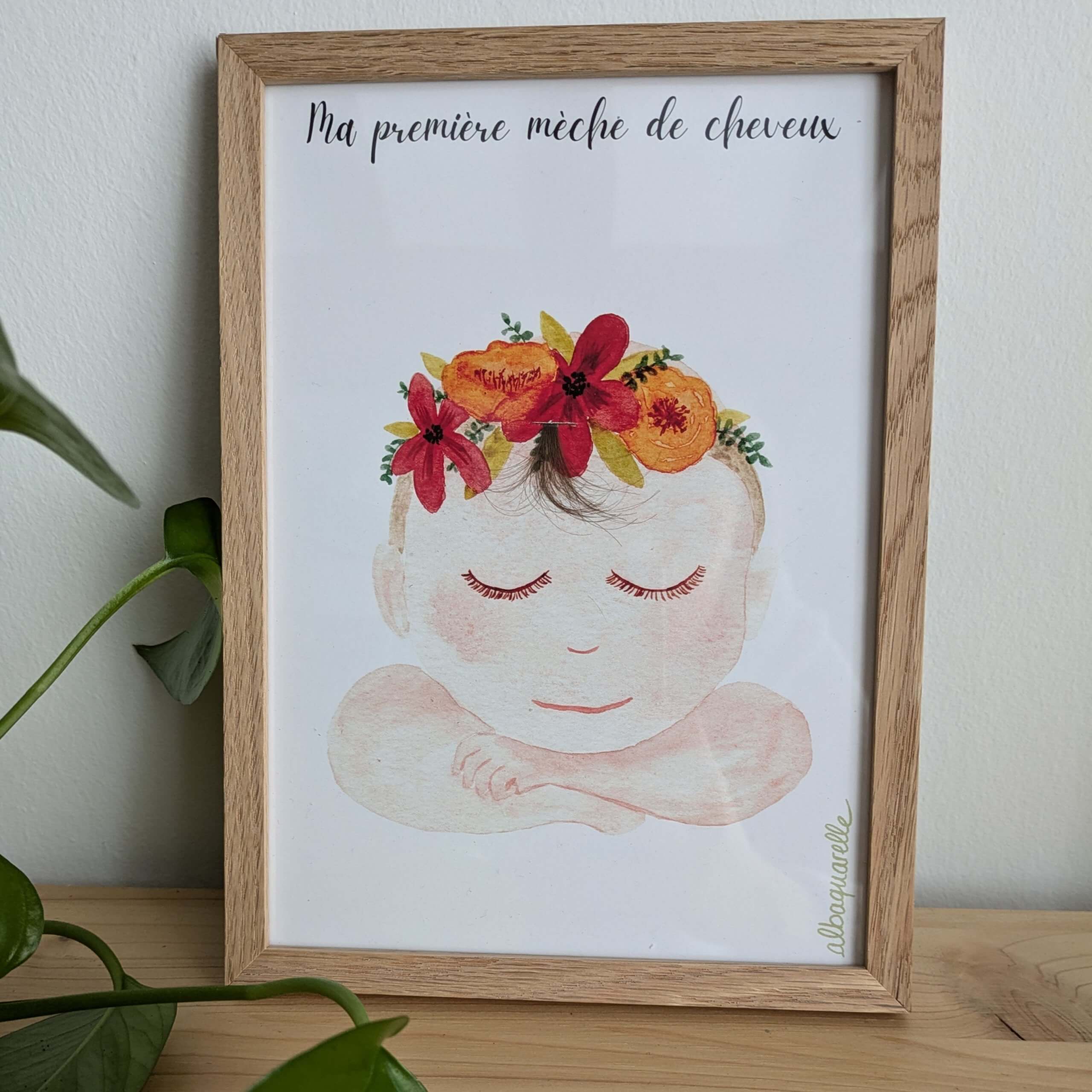 affiche illustrée à l'aquarelle pour garder précieusement la première mèche de cheveux de bébé, modèle garçon, mise dans un cadre pour donner une idée de présentation