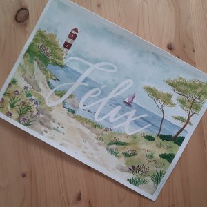 aquarelle personnalisée réalisée à la main pour la naissance d'un petit félix. Illustration représentant un paysage de bord de mer