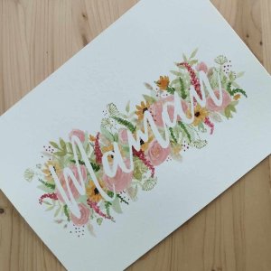 affiche fleurie illustrée à l'aquarelle avec le mot maman
