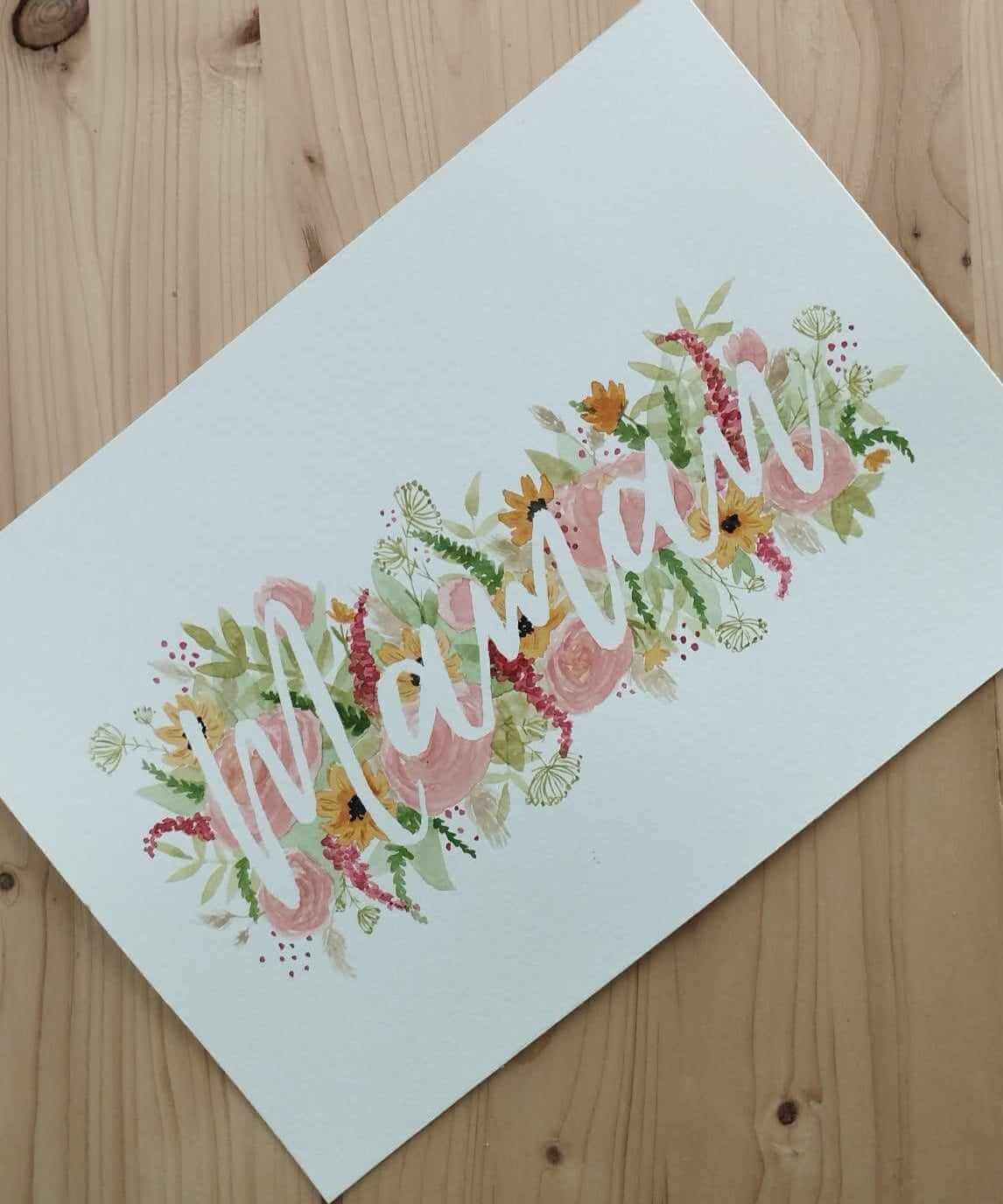 affiche fleurie illustrée à l'aquarelle avec le mot maman