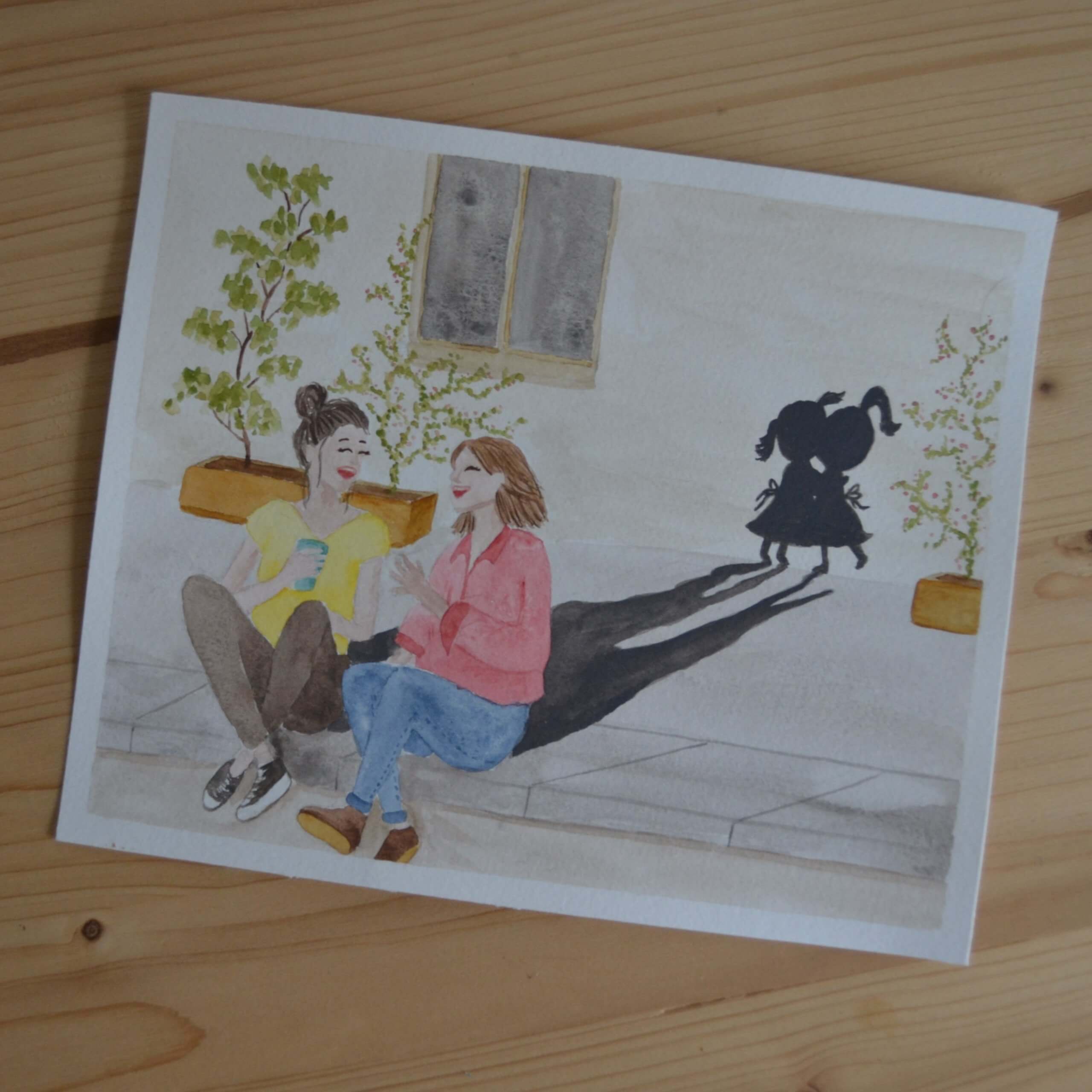 affiche décorative illustrée à l'aquarelle représentant deux jeunes femmes discutant et dont les ombres sont deux fillettes. Aquarelle symbolisant l'amitié