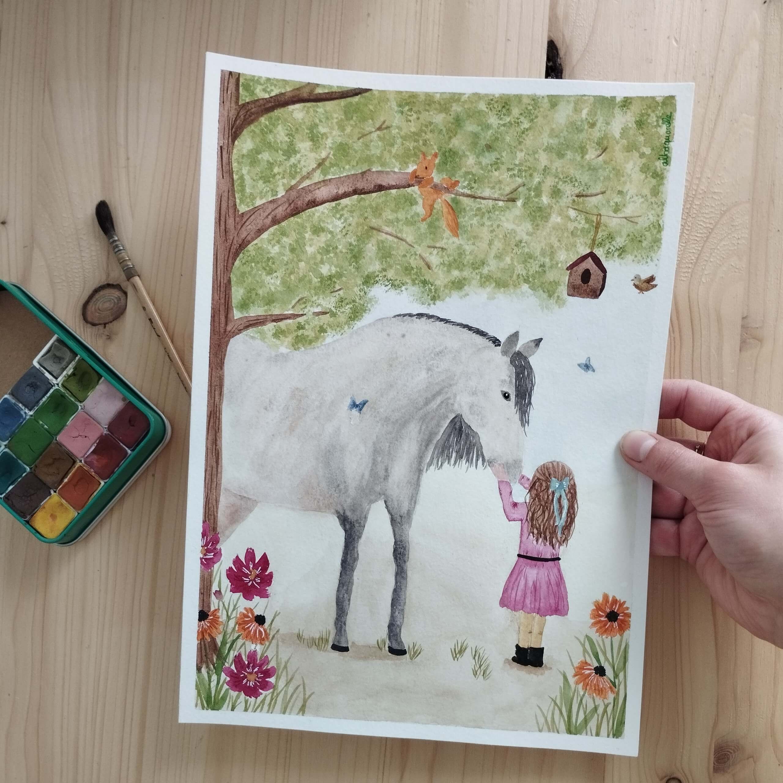 Affiche a4 illustrée à l'aquarelle représentant une fillette et un cheval