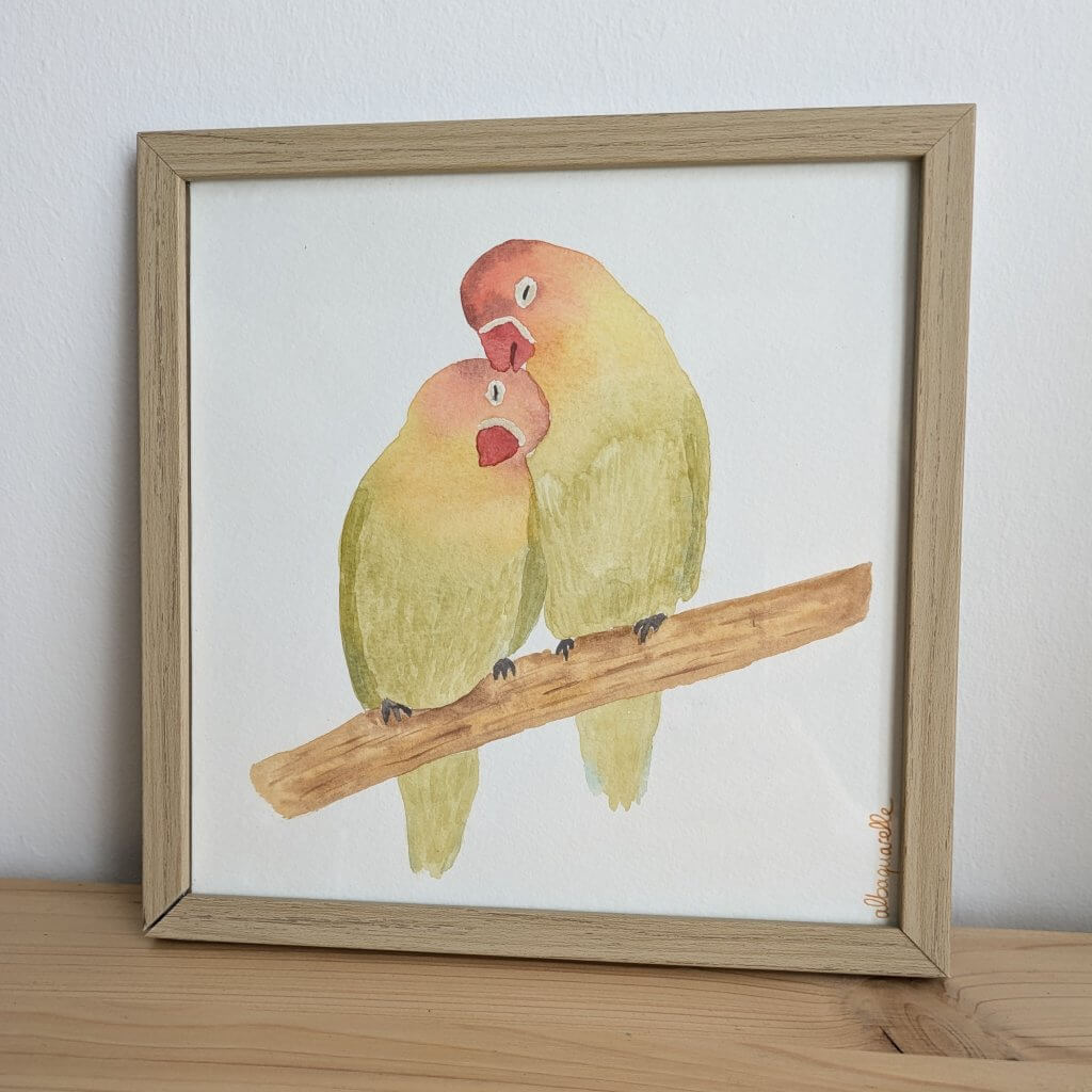 illustration artisanale d'un couple d'inséparables pour décorer une chambre ou une pièce de vie