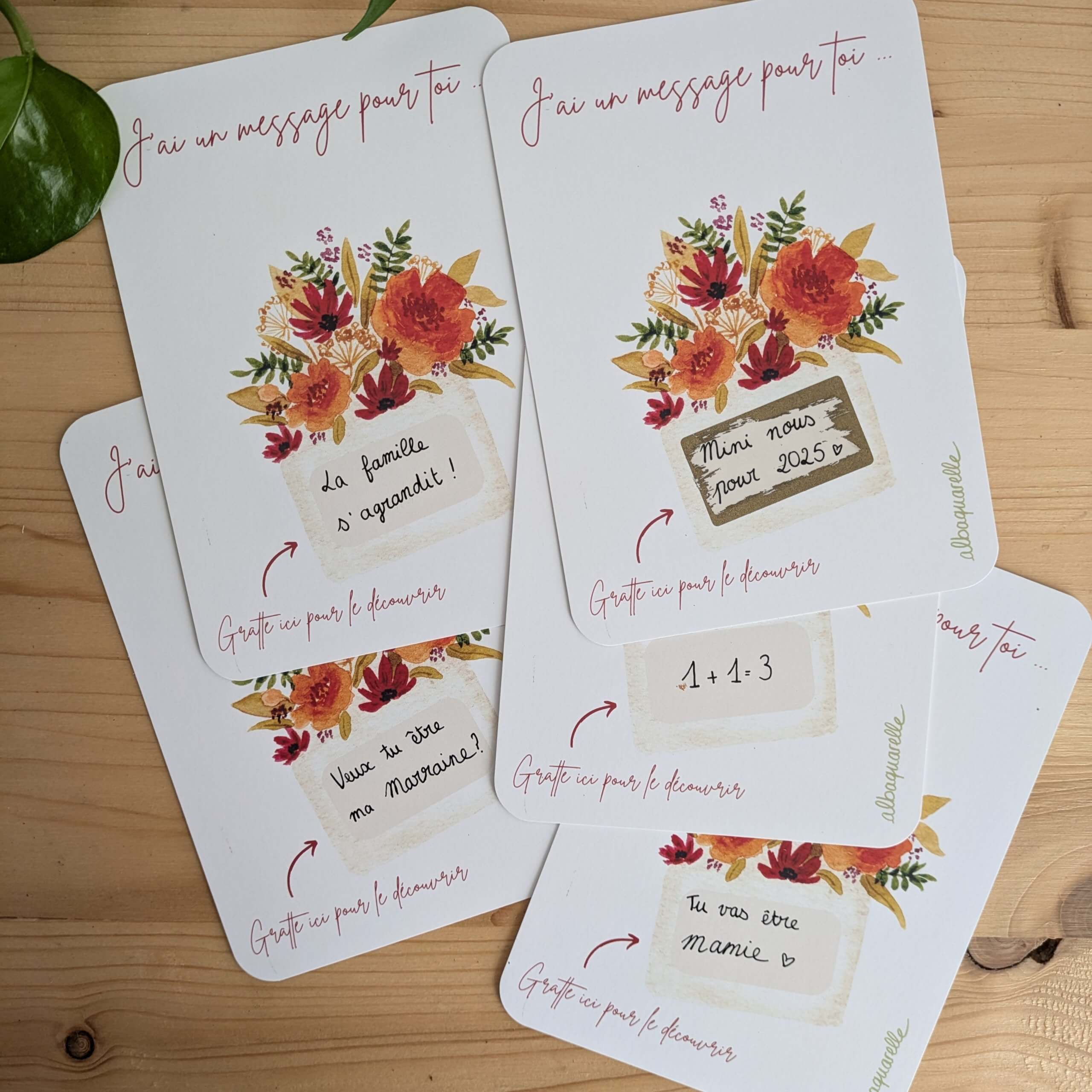 carte à gratter pour découvrir un message, personnalisables avec le texte de votre choix. Illustrées à l'aquarelle