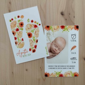 faire part de naissance fleuri, illustré à l'aquarelle . L'illustration représente des petites empreintes de pas fleuris dans les tons roses et verts pour la naissance d'une petite fille