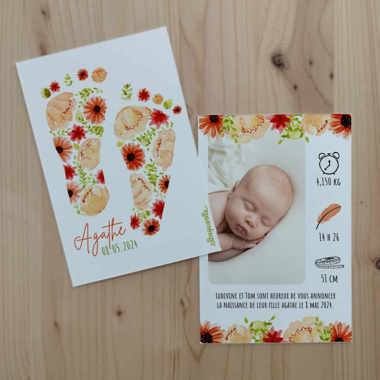 faire part de naissance fleuri, illustré à l'aquarelle . L'illustration représente des petites empreintes de pas fleuris dans les tons roses et verts pour la naissance d'une petite fille