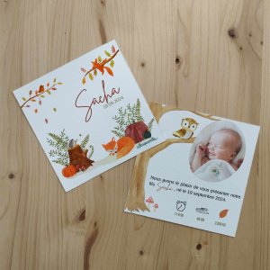 faire part de naissance sur le thème automnal avec des animaux de la forêt et dans les tons orangés et marrons