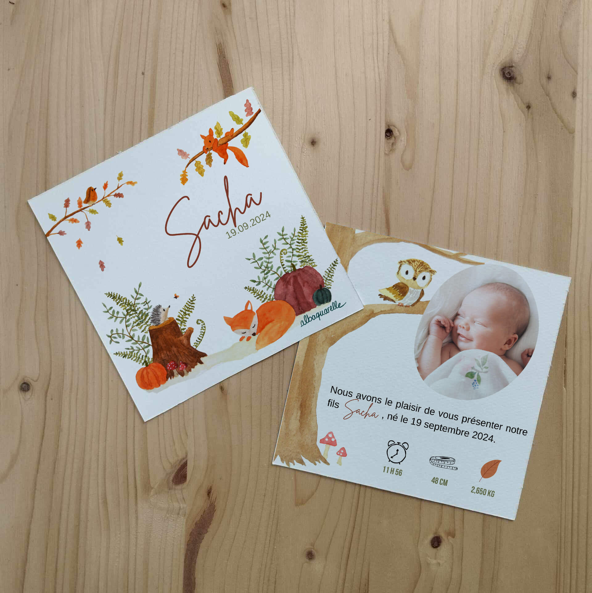 faire part de naissance sur le thème automnal avec des animaux de la forêt et dans les tons orangés et marrons