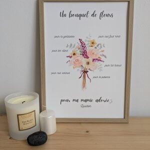affiche décorative illustrée à l'aquarelle représentant un bouquet de fleurs et les qualités d'une mamie pour lesquelles on la remercie. 100 % personnalisable