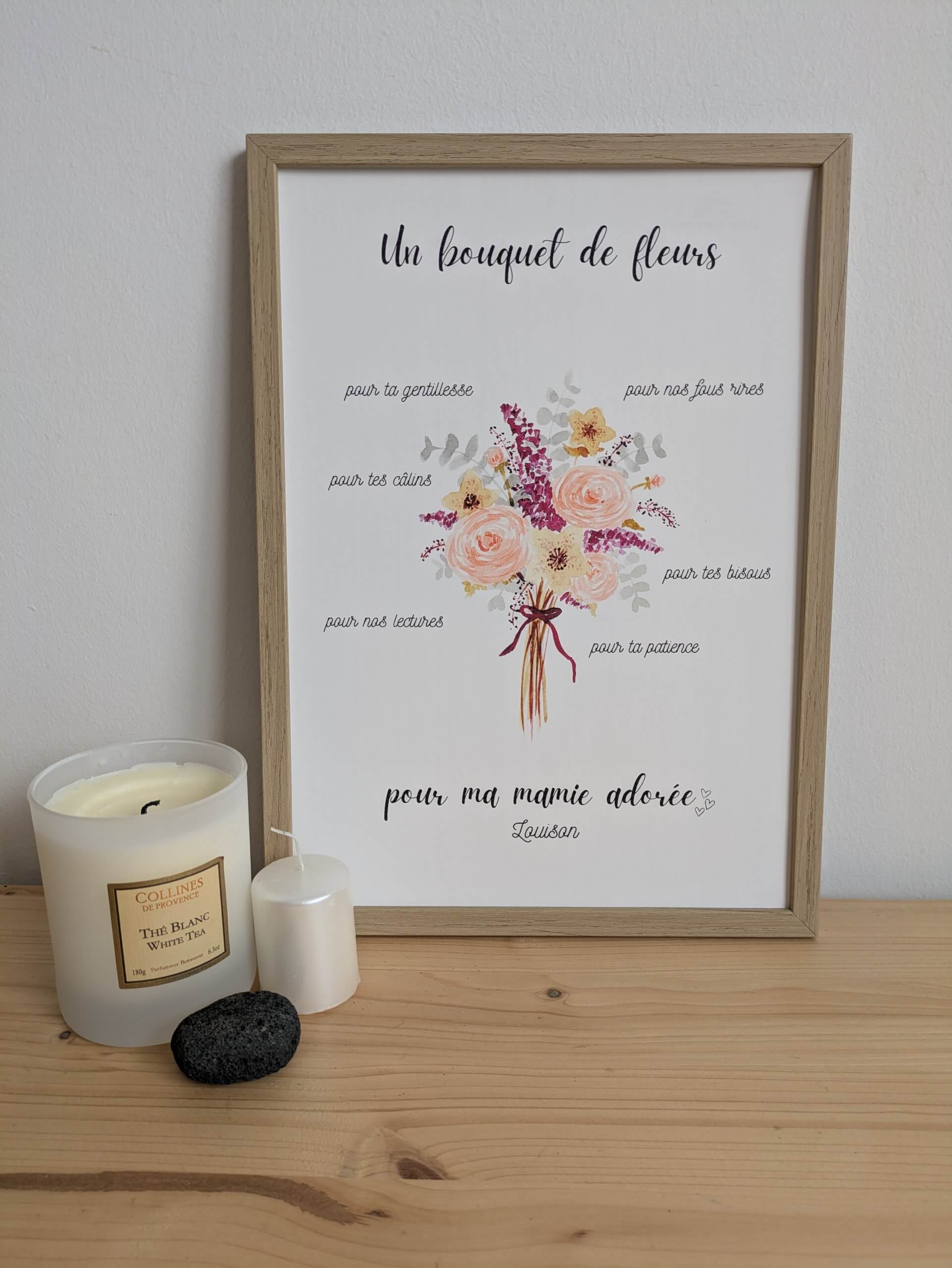 affiche décorative illustrée à l'aquarelle représentant un bouquet de fleurs et les qualités d'une mamie pour lesquelles on la remercie. 100 % personnalisable