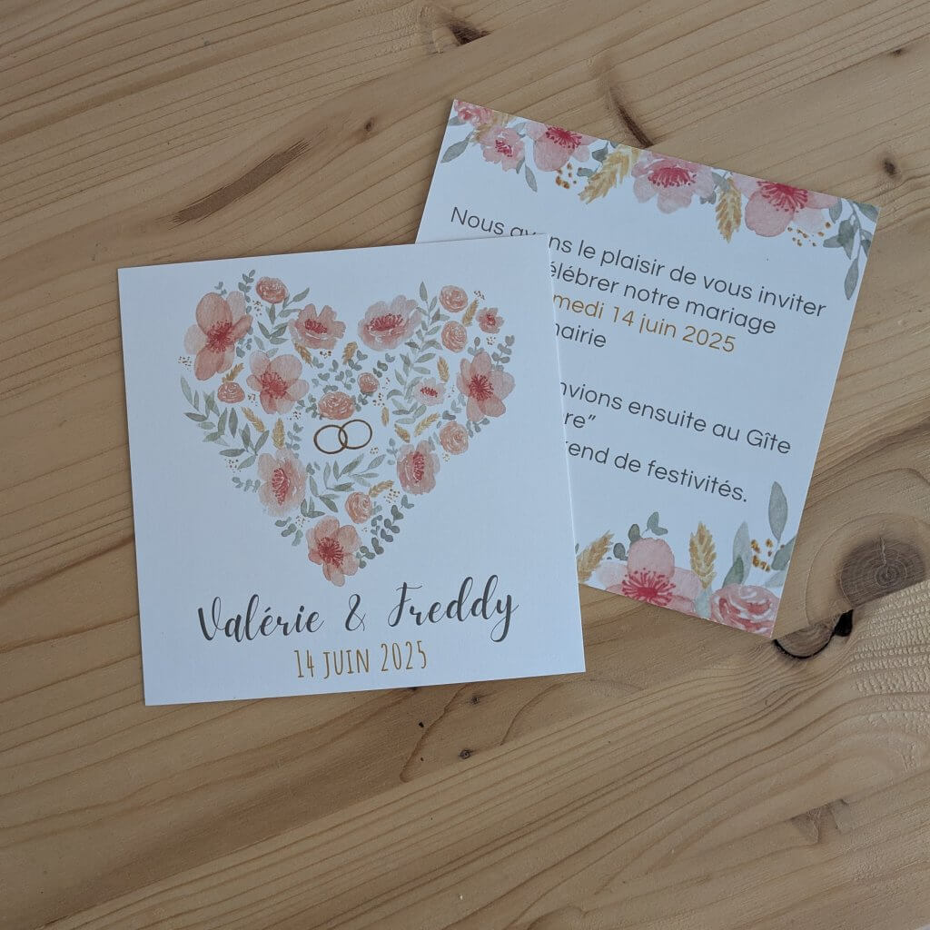 faire part de mariage illustré sur mesure à l'aquarelle dans les tons rose pastel et vert eucalyptus