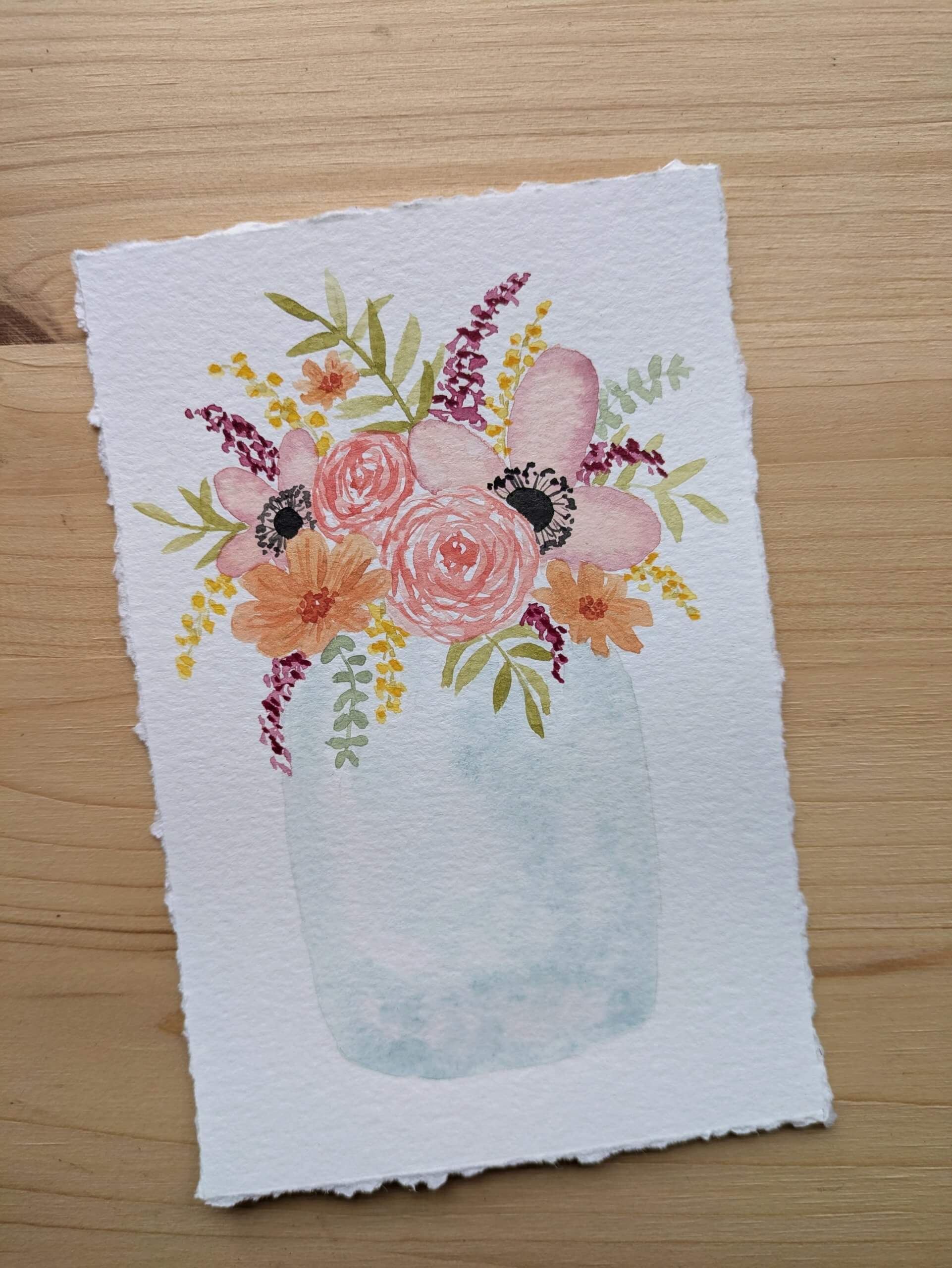 carte postale illustrée à la main à l'aquarelle représentant un vase remplie de fleurs colorées