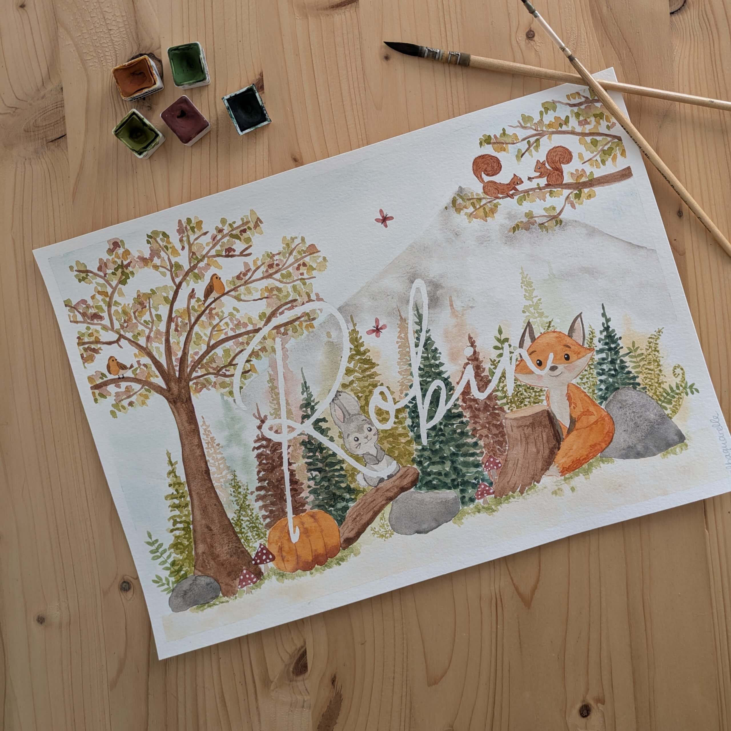 Affiche prénom illustrée sur mesure à l'aquarelle pour décorer la chambre de bébé. Idéale en cadeau de naissance.