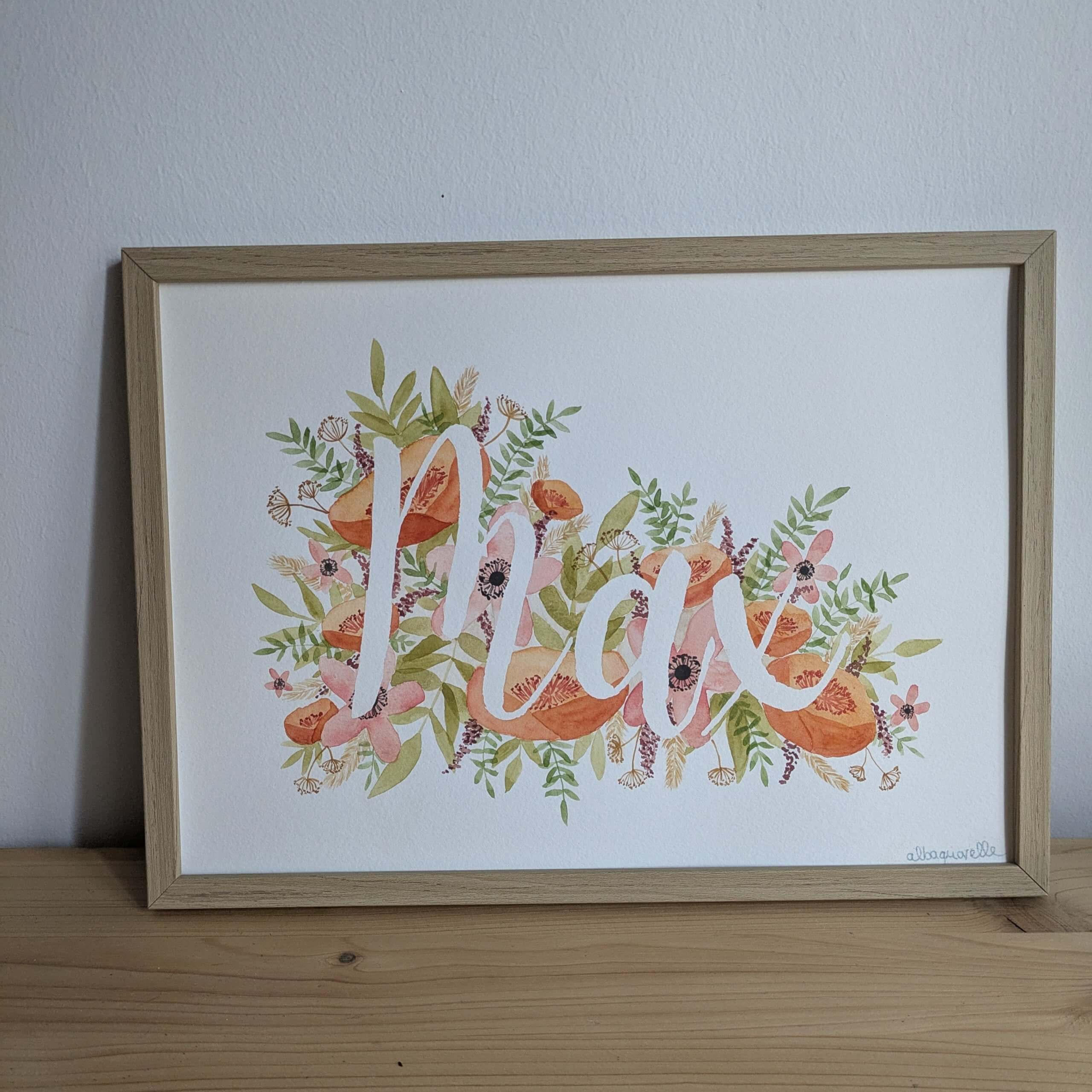Affiche prénom illustrée sur mesure pour une petite fille. Idéale en cadeau de naissance pour décorer la chambre de bébé. Illustration réalisée à l'aquarelle